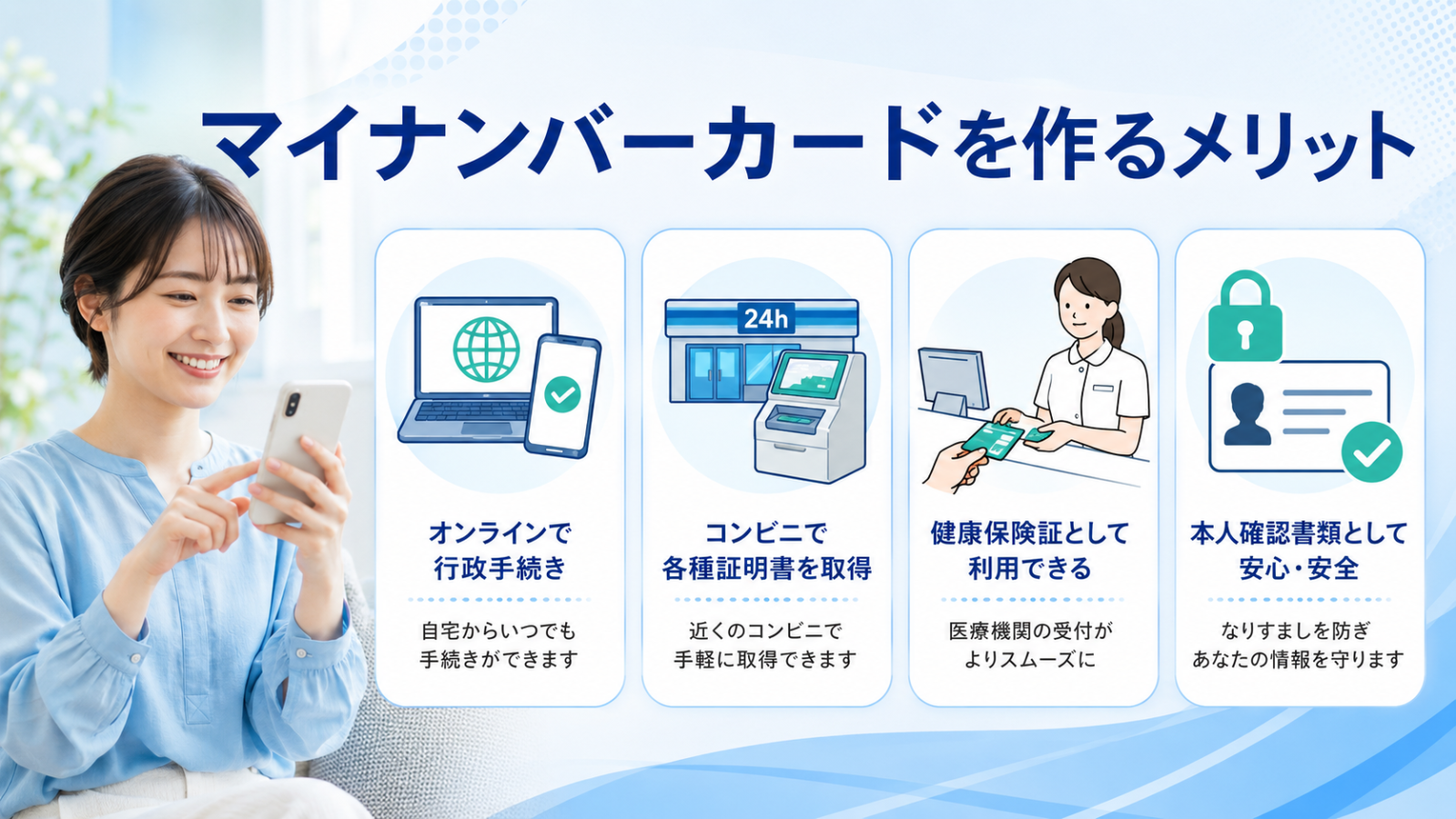 マイナンバーカードを作る主なメリットを紹介するイメージ