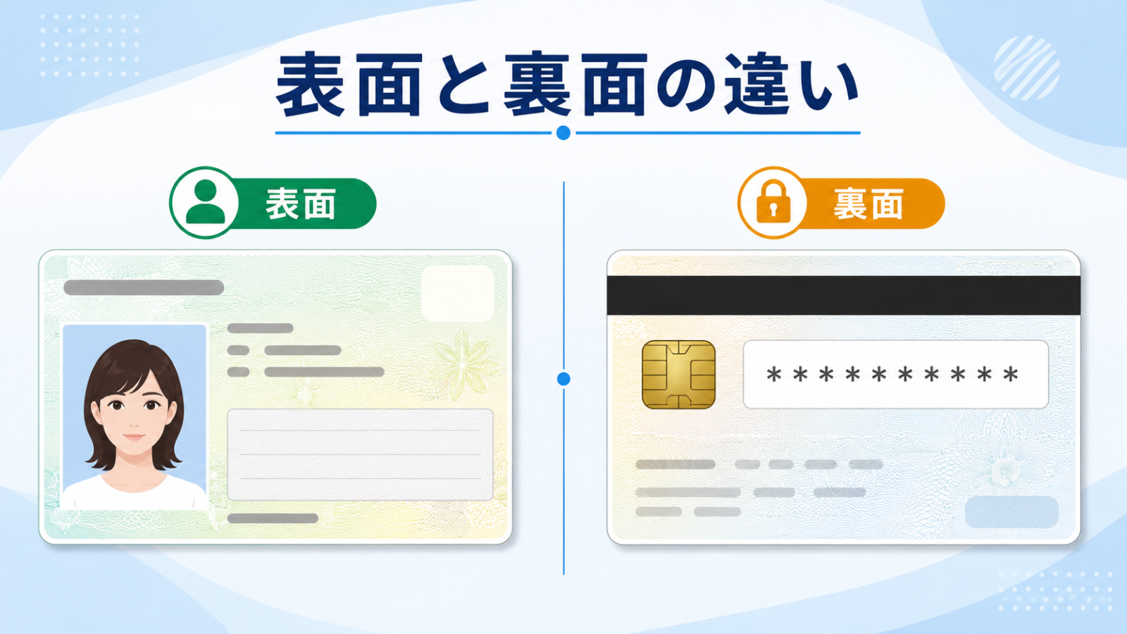 マイナンバーカードの表面と裏面に記載される情報の違いを示すイメージ