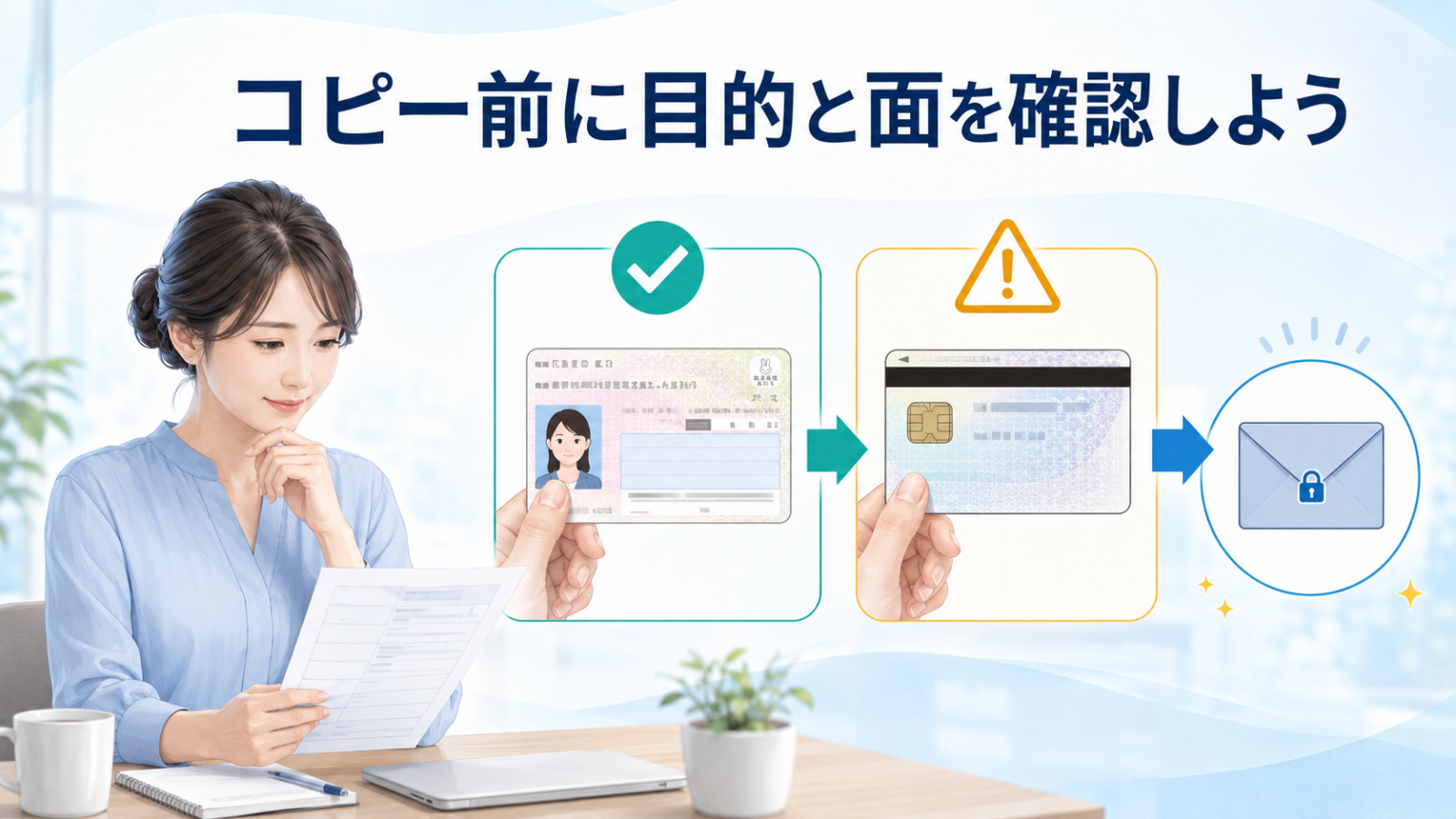 マイナンバーカードをコピーする前に利用目的と必要な面を確認するイメージ