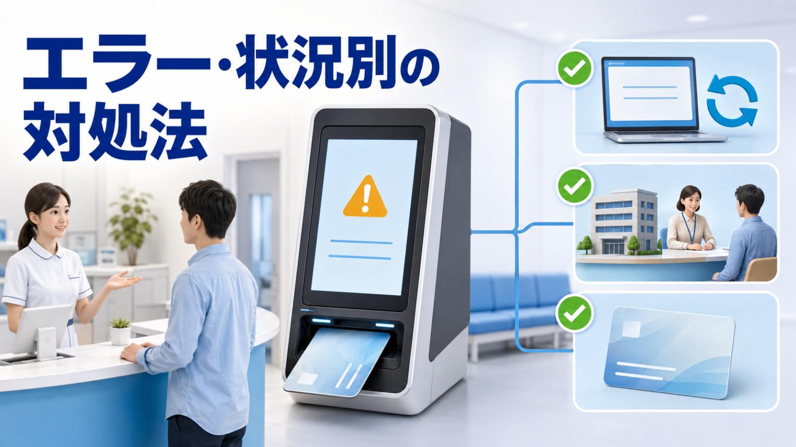 マイナ保険証のエラー内容に応じた対処法を確認するイメージ