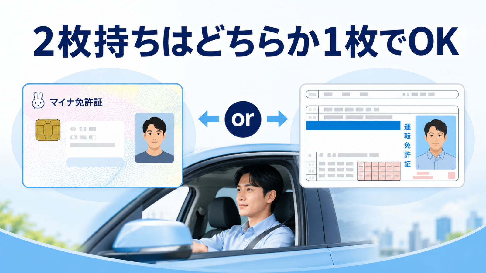 マイナ免許証と従来の運転免許証の2枚持ちはどちらか1枚の携帯で運転できることを示す画像