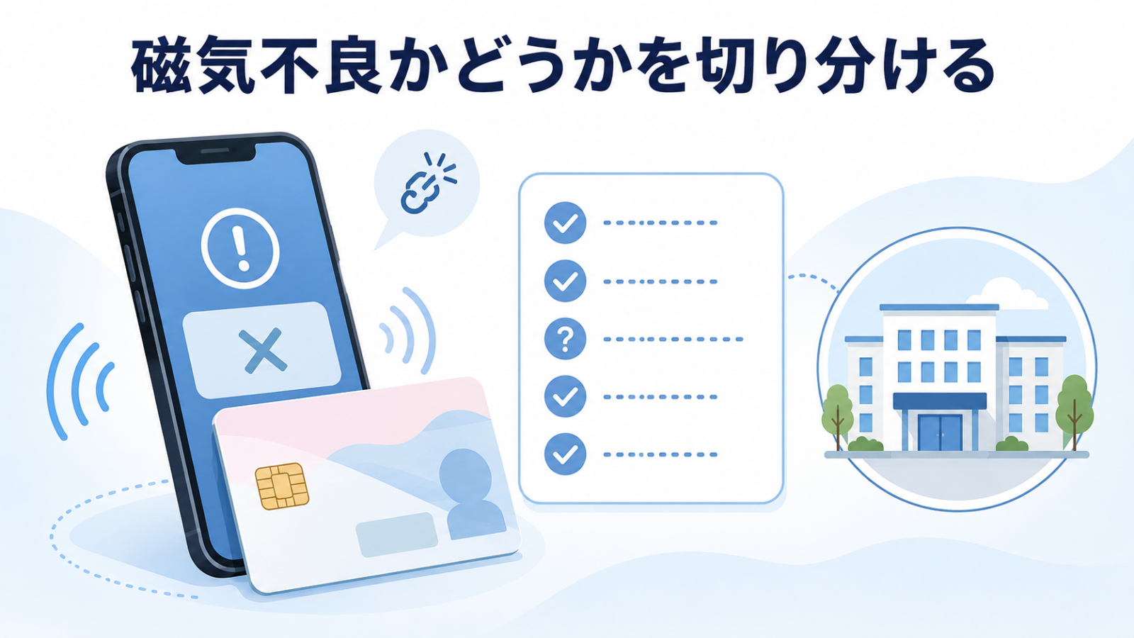 マイナンバーカードの磁気不良か端末側の問題かを切り分けるイメージ