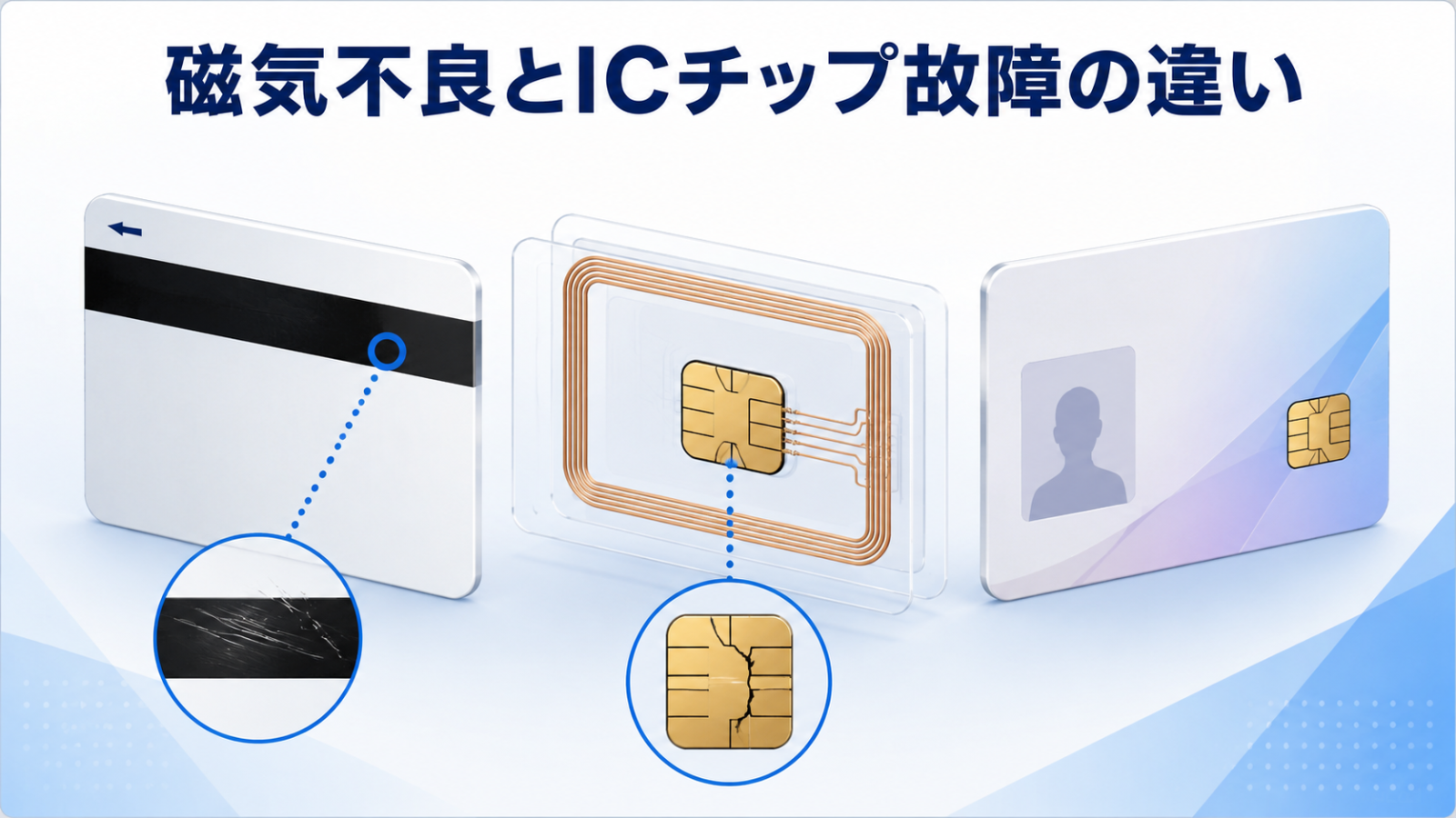 マイナンバーカードの磁気ストライプとICチップ故障の違いを示すイメージ