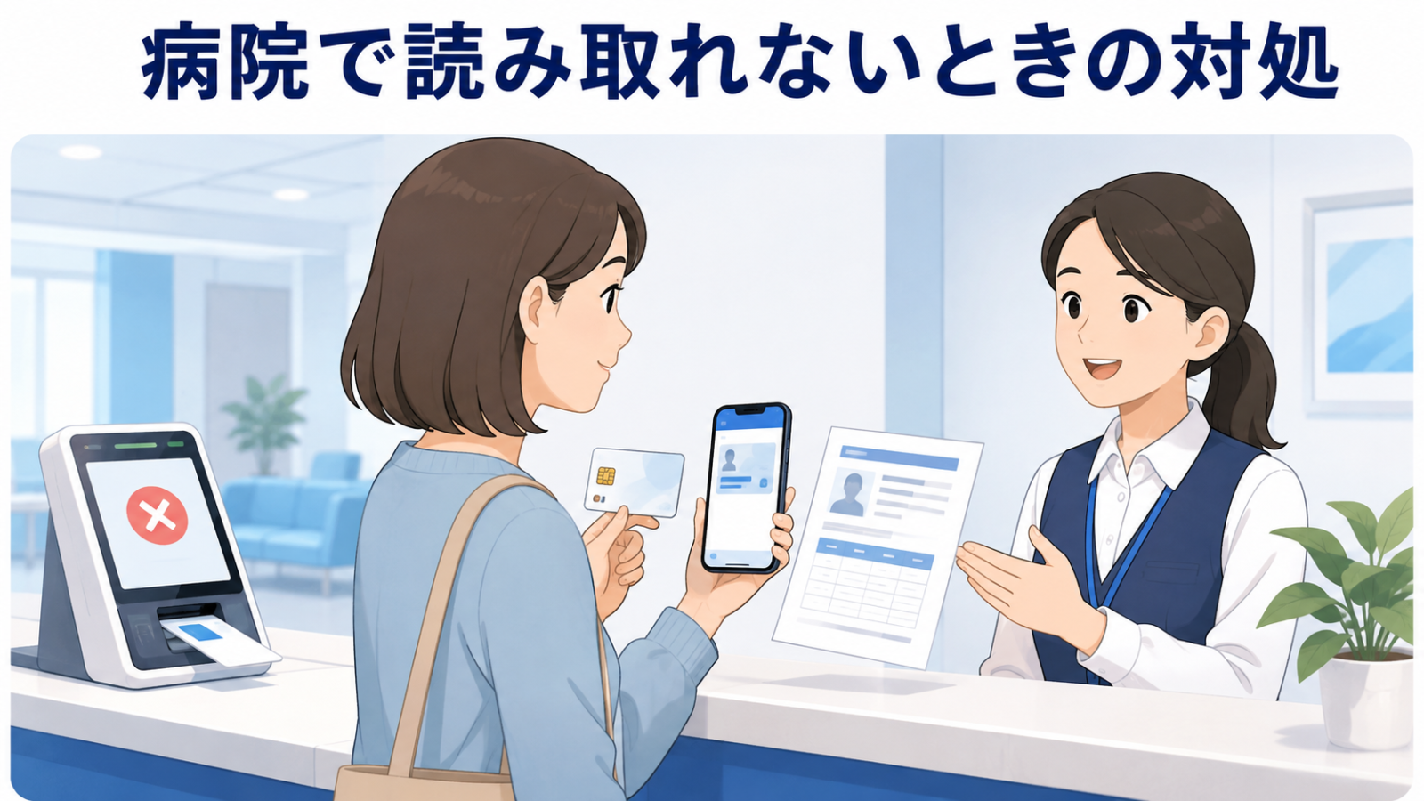 病院でマイナ保険証を読み取れないときに資格情報を提示するイメージ