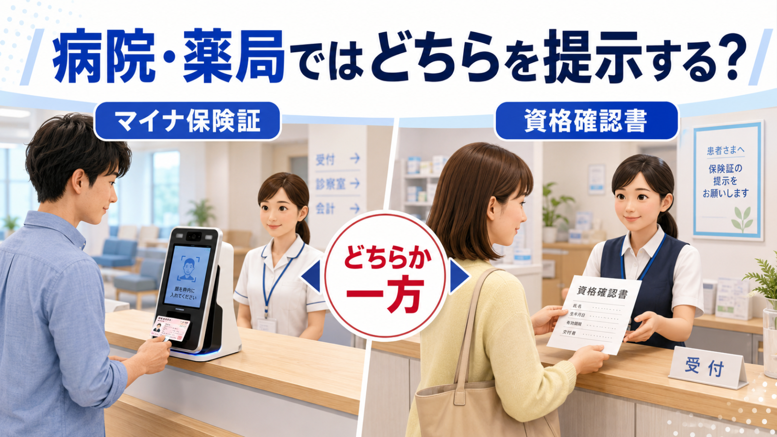 病院や薬局でマイナ保険証と資格確認書を使い分ける画像
