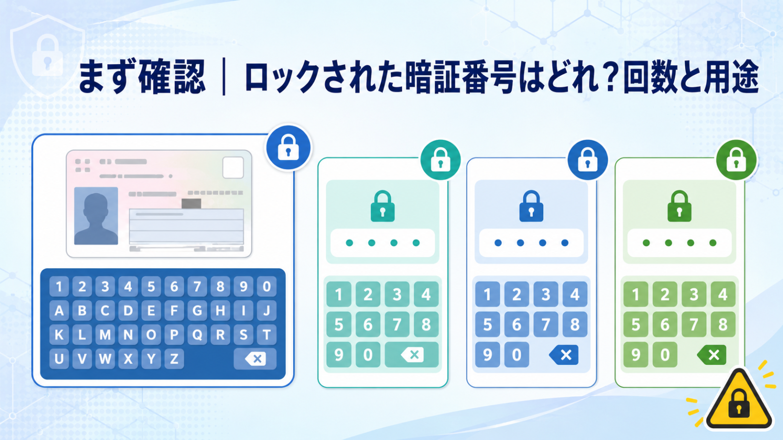 マイナンバーカードに設定する4種類の暗証番号とロックまでの回数を示す画像